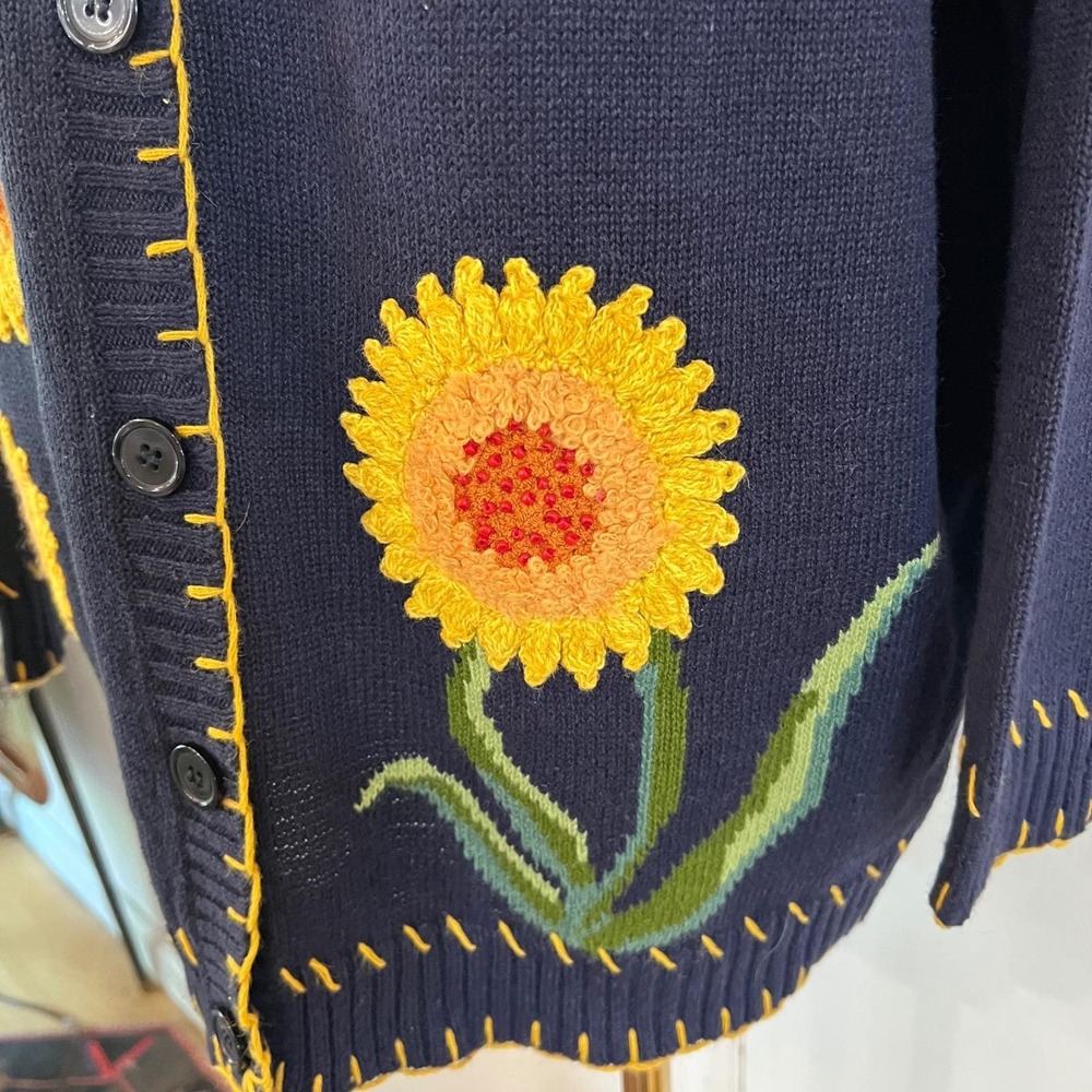 Vintage Navy Blue Cotton Sunflower Embroidered Cardigan Sweater 1X - Picture 5 of 10